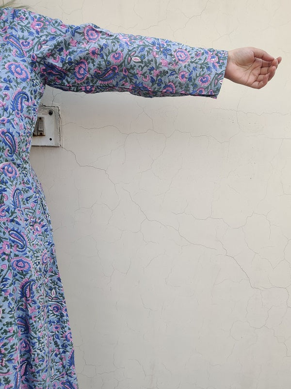 Gul Hand Block Printed A Line Maxi Shirt Dress with Full Sleeves
