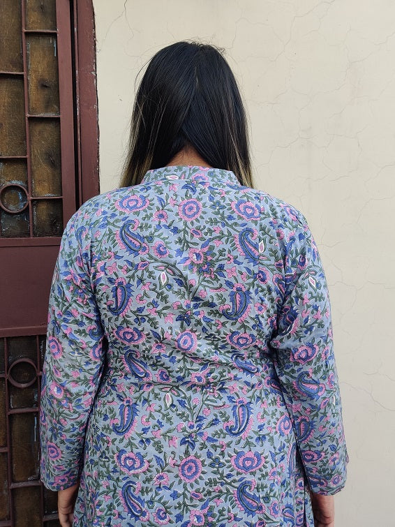 Gul Hand Block Printed A Line Maxi Shirt Dress with Full Sleeves