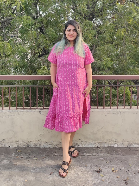 Raspberry Hand Block Printed Shift Dress with Tier and Gathered Sleeves