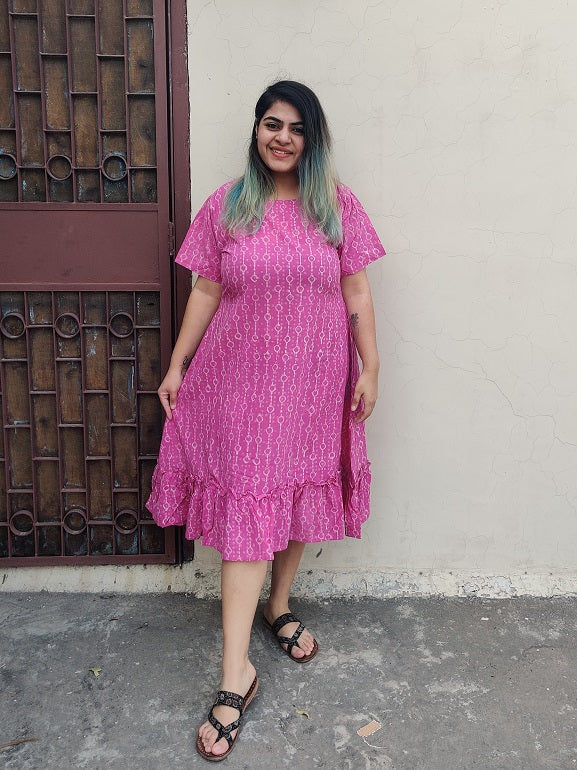Raspberry Hand Block Printed Shift Dress with Tier and Gathered Sleeves