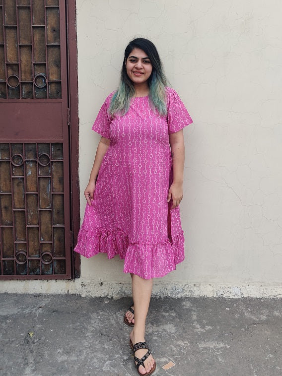Raspberry Hand Block Printed Shift Dress with Tier and Gathered Sleeves