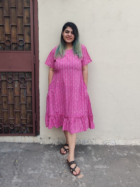 Raspberry Hand Block Printed Shift Dress with Tier and Gathered Sleeves