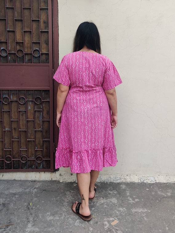 Raspberry Hand Block Printed Shift Dress with Tier and Gathered Sleeves