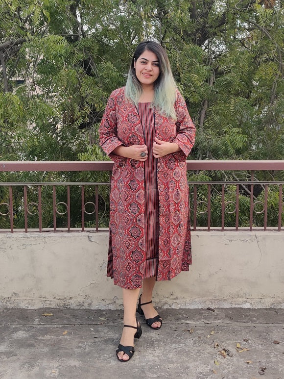 Tamaatar Ajrakh Sleeveless Dress with Cape and Lace Detailing