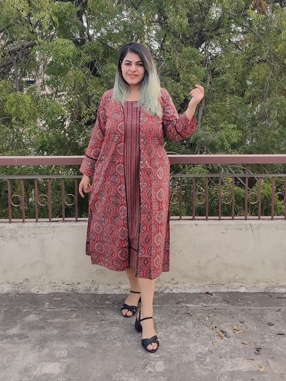 Tamaatar Ajrakh Sleeveless Dress with Cape and Lace Detailing