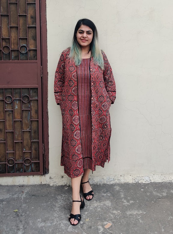 Tamaatar Ajrakh Sleeveless Dress with Cape and Lace Detailing