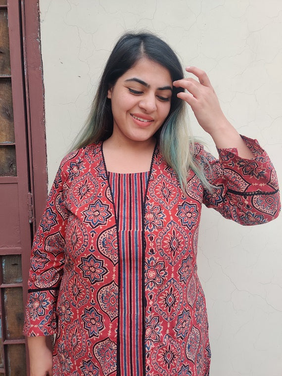 Tamaatar Ajrakh Sleeveless Dress with Cape and Lace Detailing