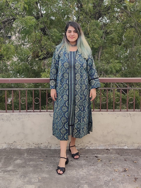 Aasmi Ajrakh Sleeveless Dress with Cape and Lace Detailing