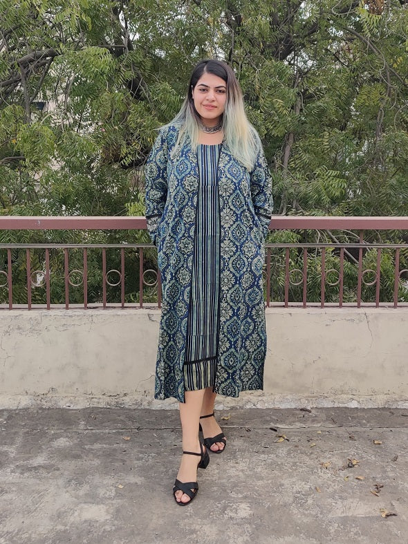 Aasmi Ajrakh Sleeveless Dress with Cape and Lace Detailing