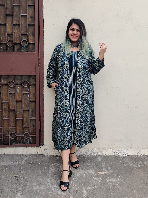Aasmi Ajrakh Sleeveless Dress with Cape and Lace Detailing