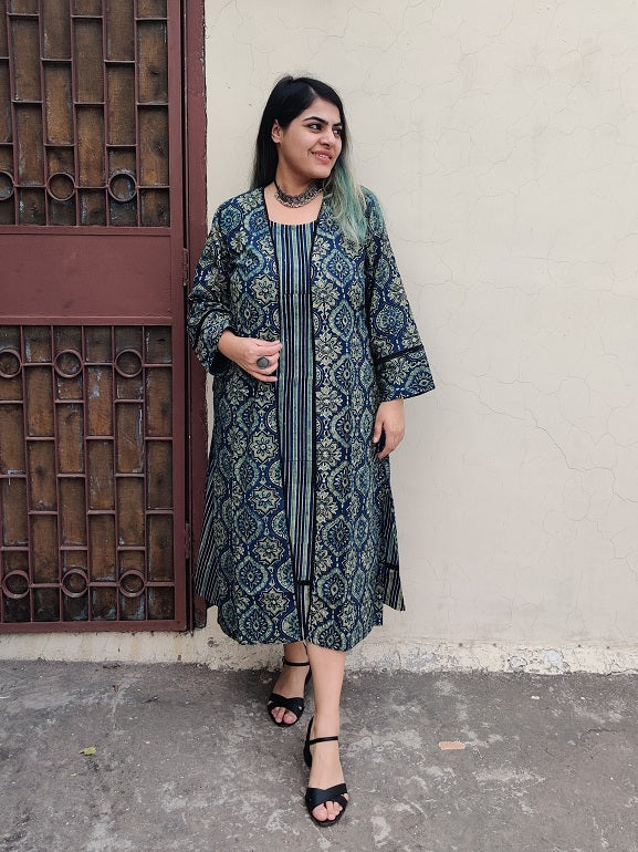 Aasmi Ajrakh Sleeveless Dress with Cape and Lace Detailing