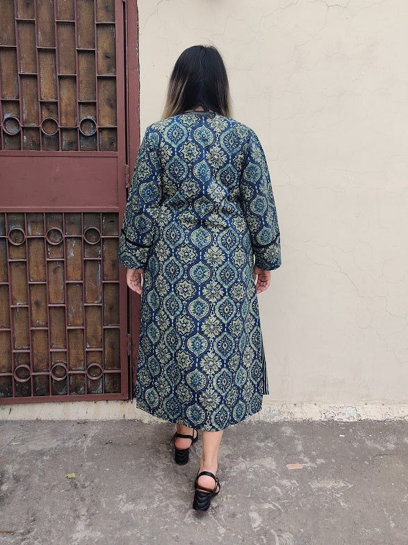 Aasmi Ajrakh Sleeveless Dress with Cape and Lace Detailing