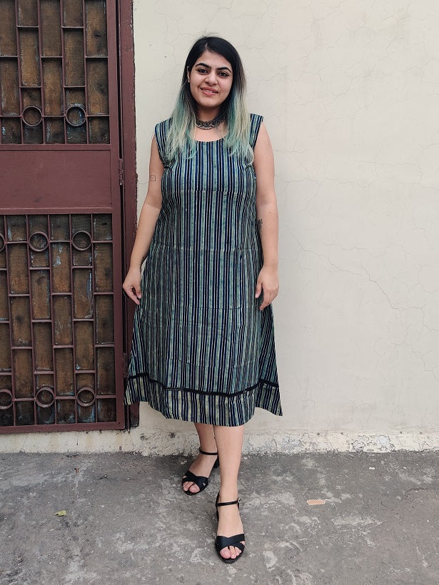 Aasmi Ajrakh Sleeveless Dress with Cape and Lace Detailing