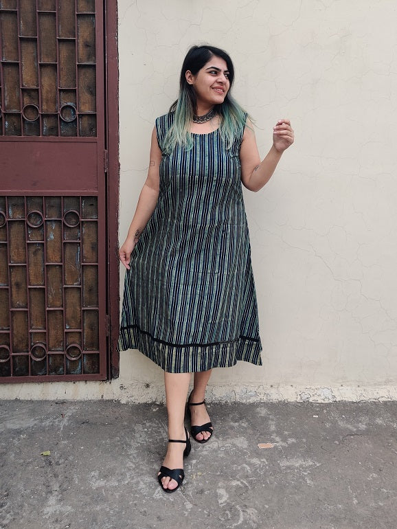 Aasmi Ajrakh Sleeveless Dress with Cape and Lace Detailing