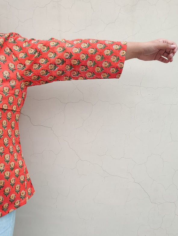 Orange Yellow Hand Block Printed A Line Relaxed Fit Collar Top