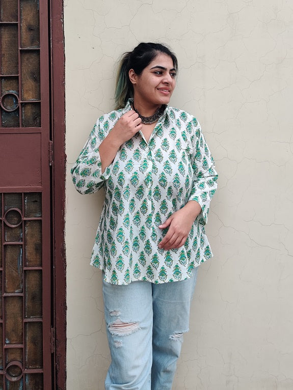 White Green A Line Relaxed Fit Collar Top