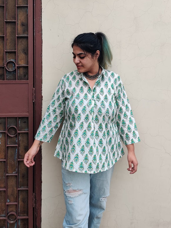 White Green A Line Relaxed Fit Collar Top