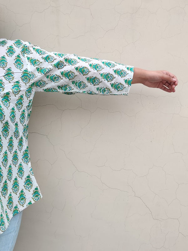 White Green A Line Relaxed Fit Collar Top