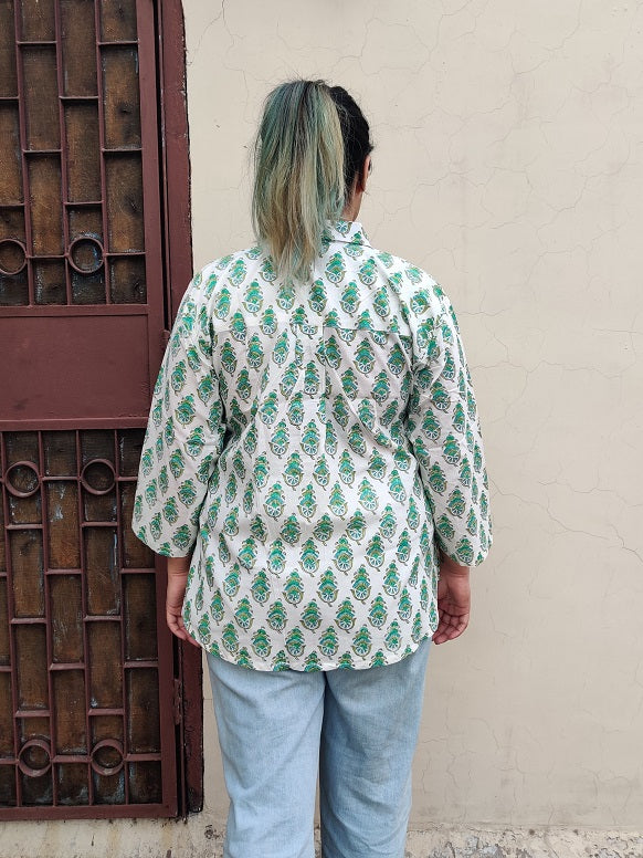 White Green A Line Relaxed Fit Collar Top