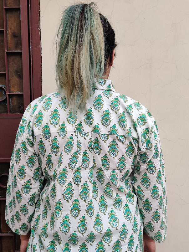 White Green A Line Relaxed Fit Collar Top