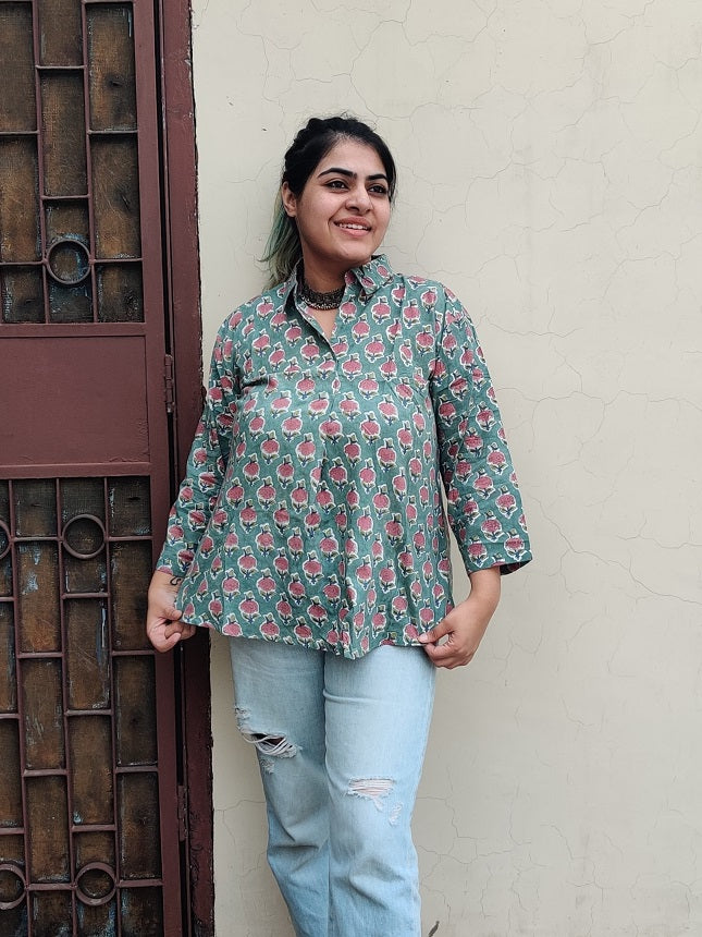 Green Pink Hand Block Printed A Line Relaxed Fit Collar Top