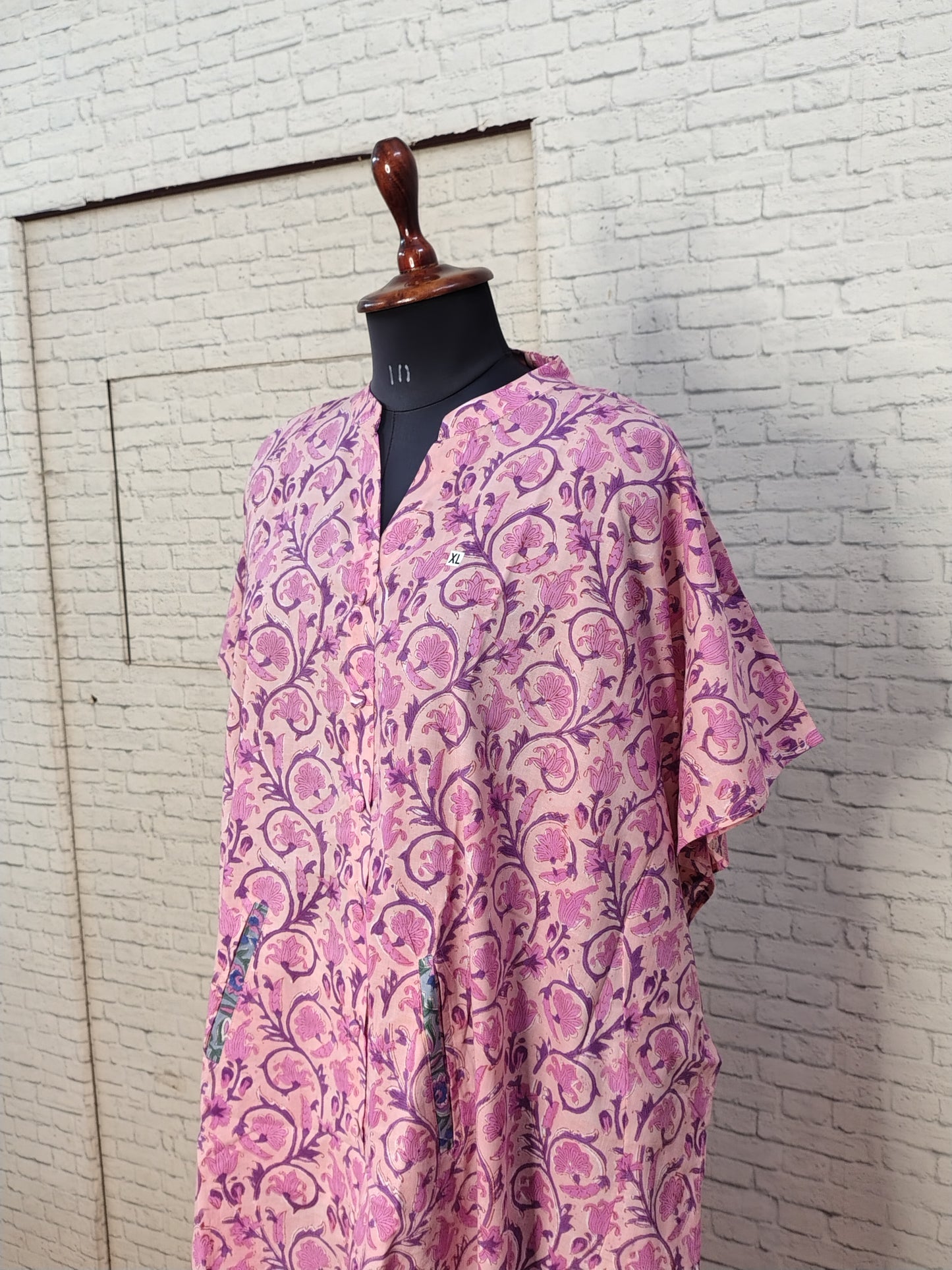 Pink Purple Floral High Low Hand Block Printed Midi Cotton Shirt Kaftan