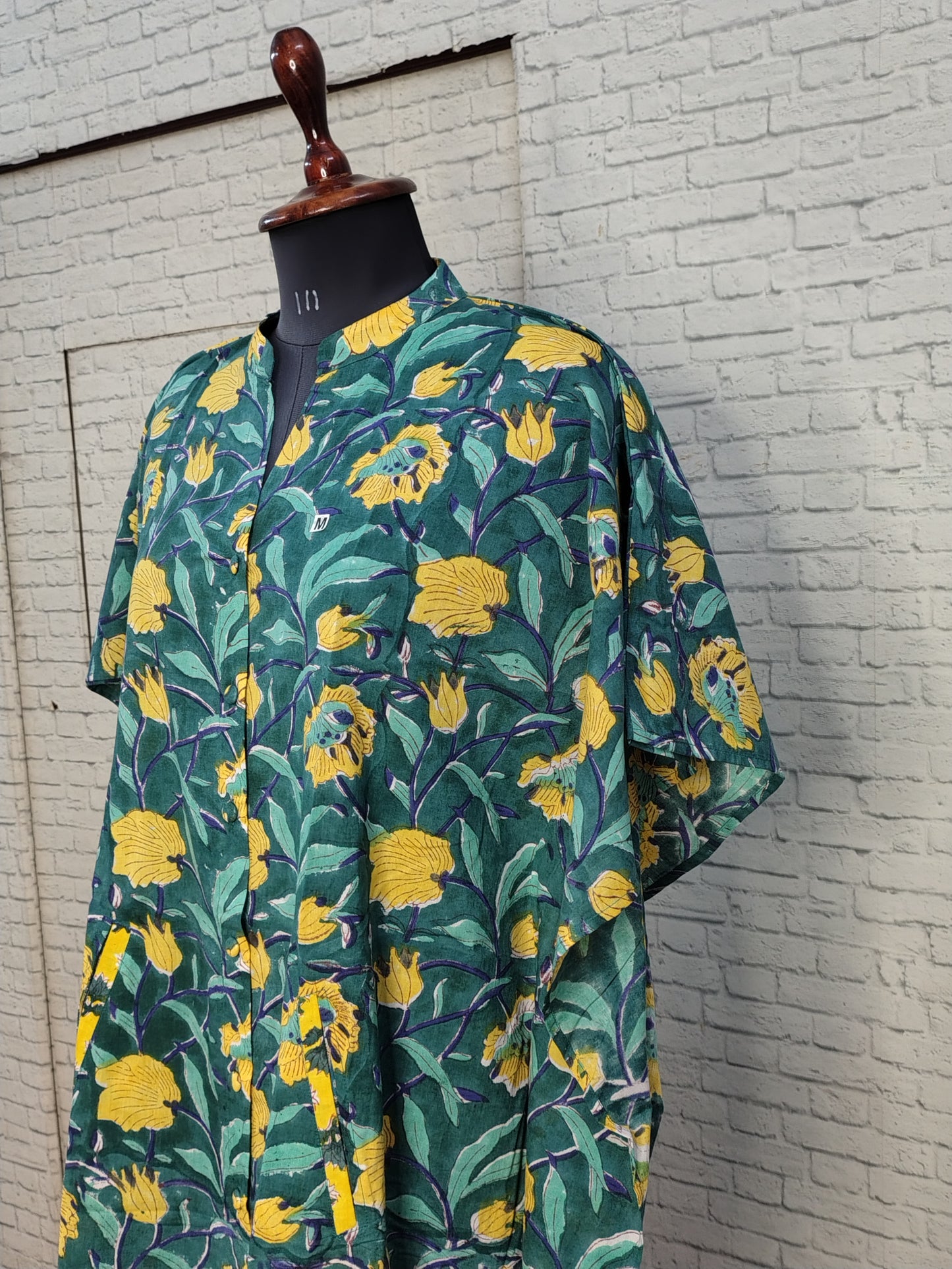 Green Yellow Floral High Low Hand Block Printed Midi Cotton Shirt Kaftan