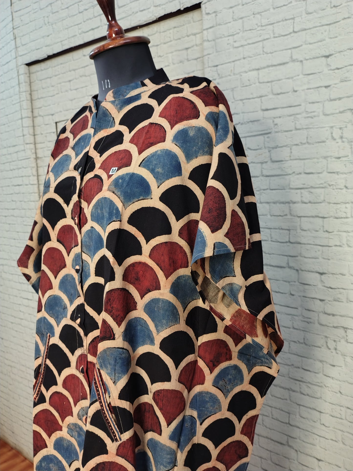 Black Fishscale Ajrakh High Low Midi Cotton Shirt Kaftan