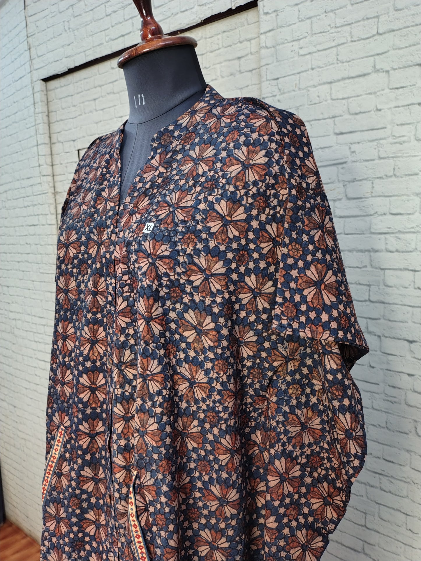 Indigo Red Star Ajrakh High Low Midi Cotton Shirt Kaftan