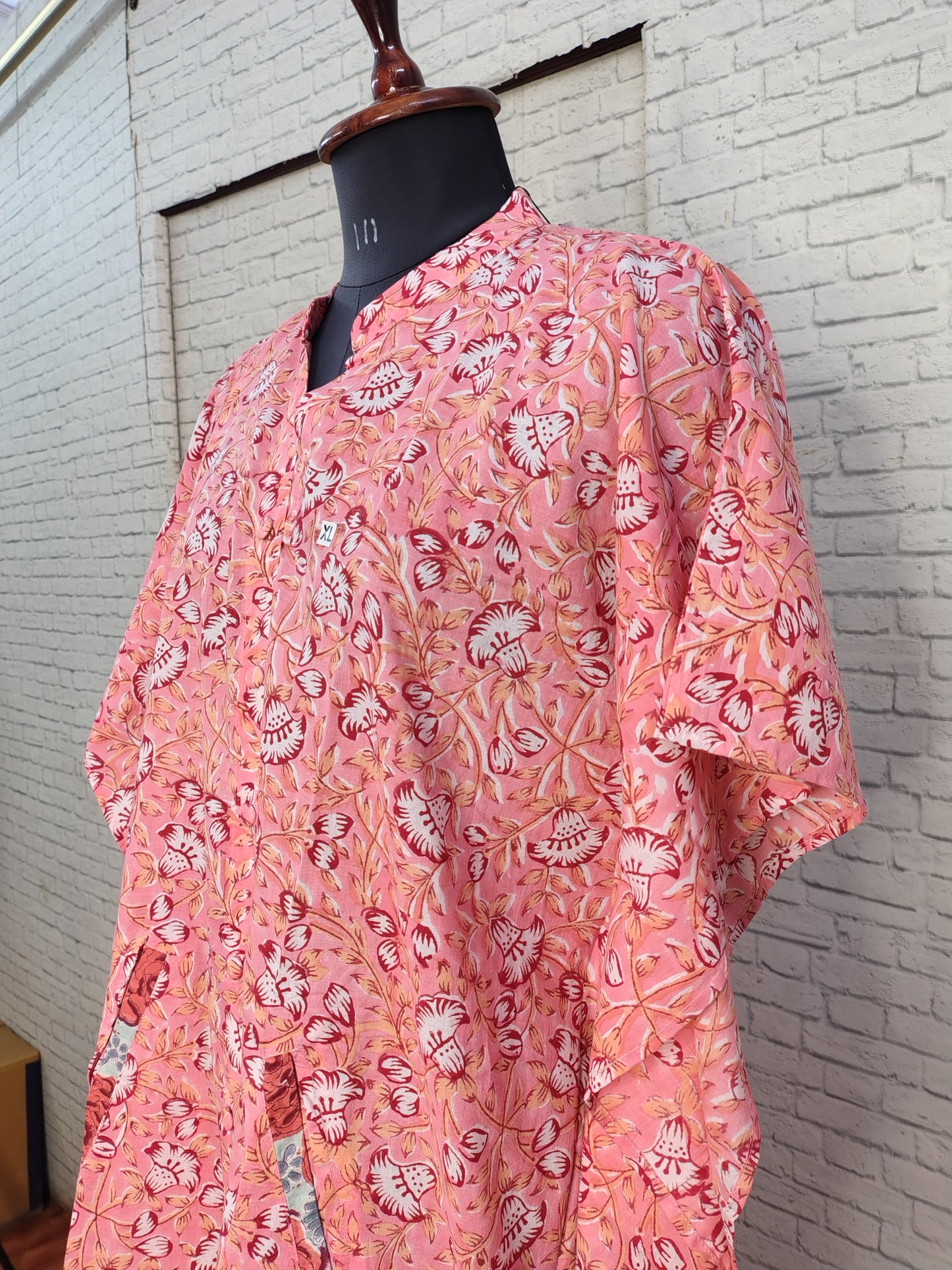 Pink Red Floral High Low Hand Block Printed Midi Cotton Shirt Kaftan