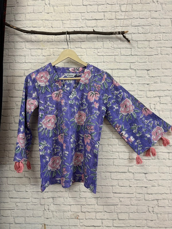 Lyla Hand Block Printed Top with Bell Sleeves and Tassels