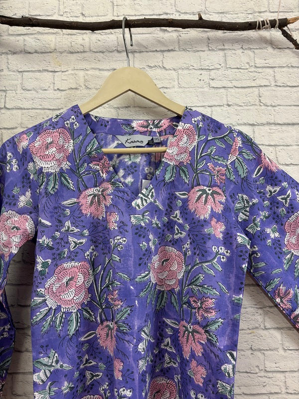 Lyla Hand Block Printed Top with Bell Sleeves and Tassels