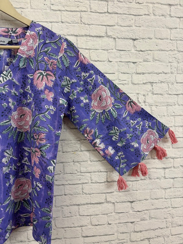 Lyla Hand Block Printed Top with Bell Sleeves and Tassels