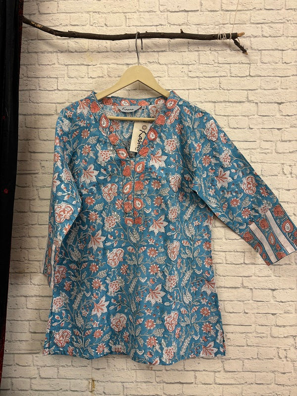 Blue Pink Floral Hand Block Printed Short Kurti