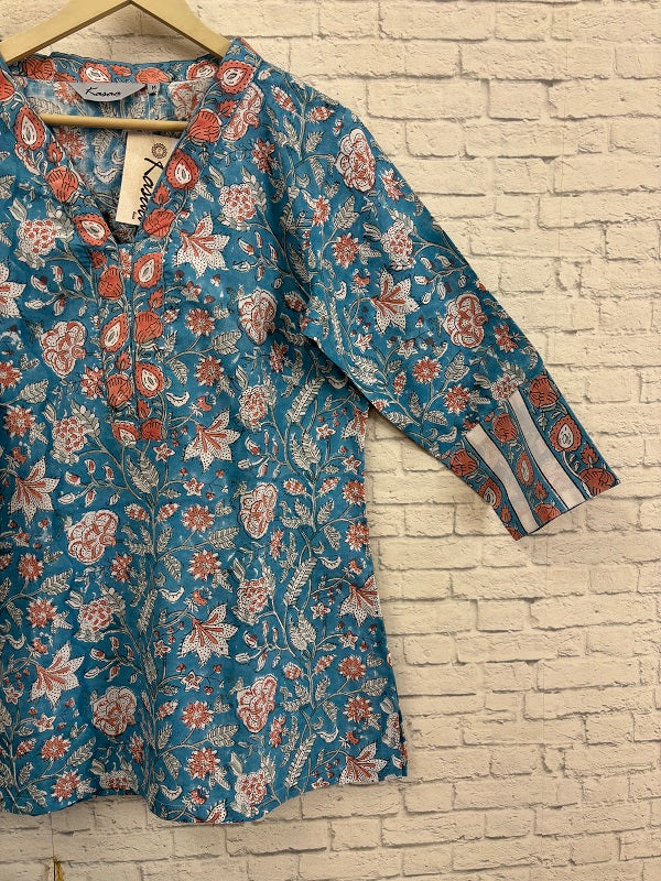 Blue Pink Floral Hand Block Printed Short Kurti