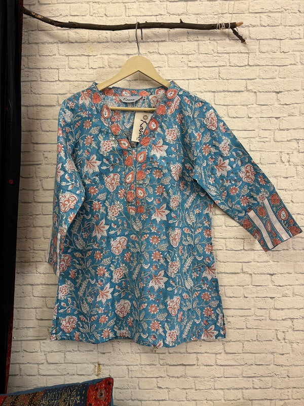 Blue Pink Floral Hand Block Printed Short Kurti