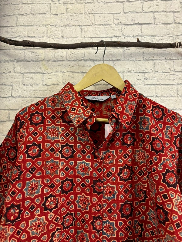 Red Ajrakh Hand Block Printed Crop Top Shirt Blouse