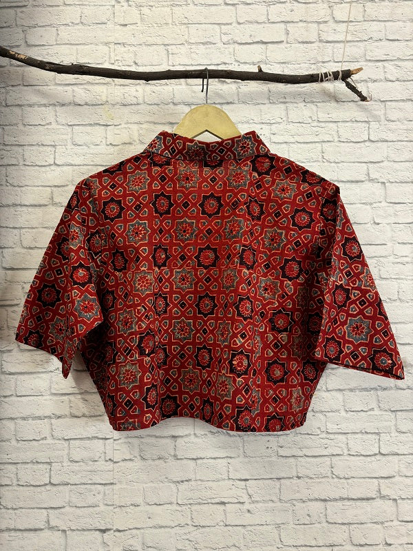 Red Ajrakh Hand Block Printed Crop Top Shirt Blouse