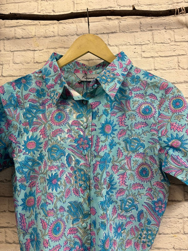 Blue Pink Floral Hand Block Printed Crop Top Shirt Blouse