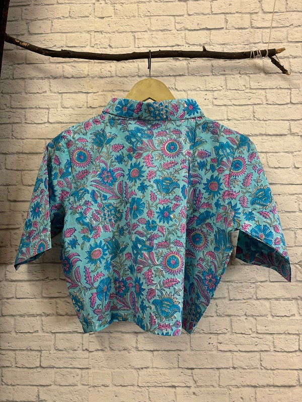 Blue Pink Floral Hand Block Printed Crop Top Shirt Blouse