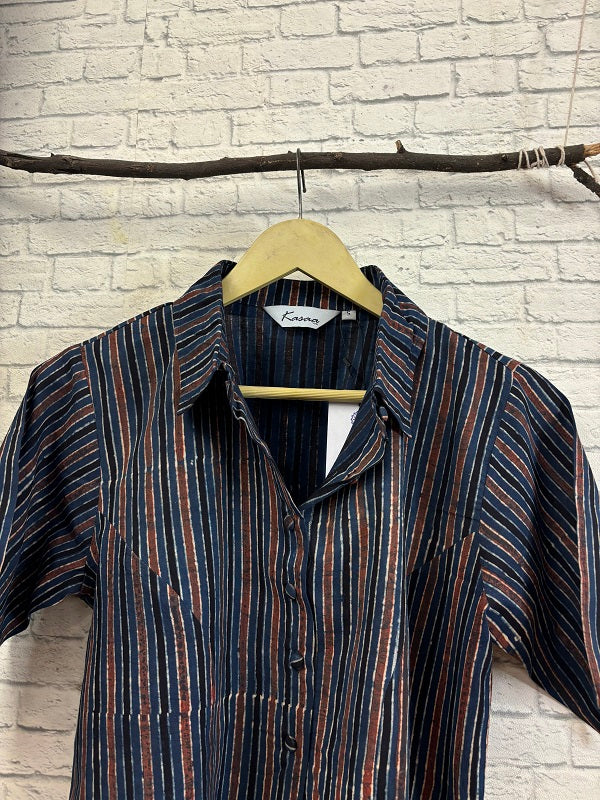 Indigo Red Lines Ajrakh Hand Block Printed Crop Top Shirt Blouse