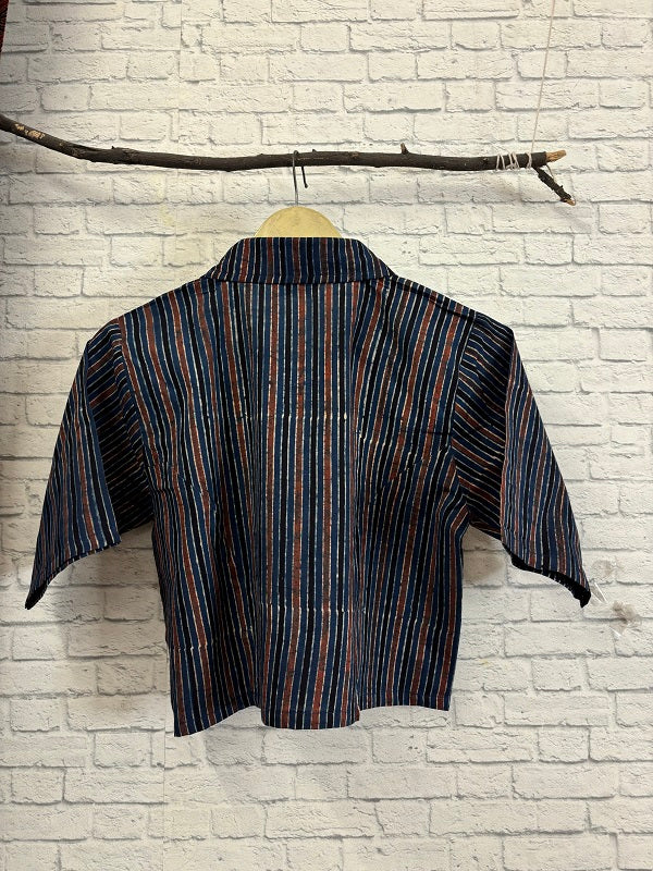 Indigo Red Lines Ajrakh Hand Block Printed Crop Top Shirt Blouse