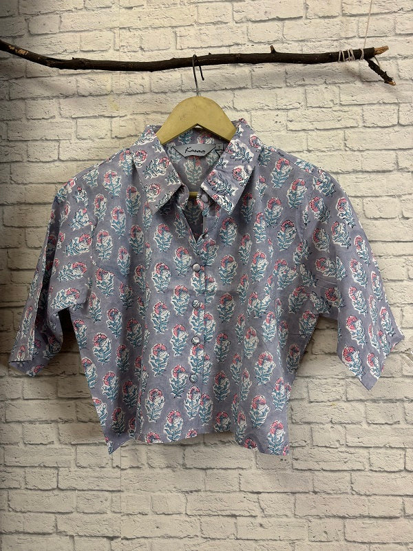 Grey Pink Hand Block Printed Crop Top Shirt Blouse