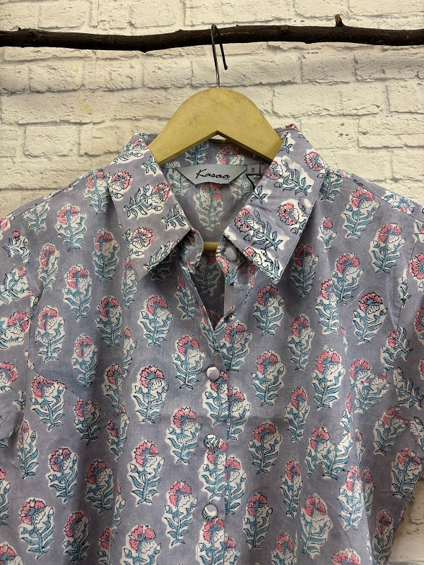 Grey Pink Hand Block Printed Crop Top Shirt Blouse