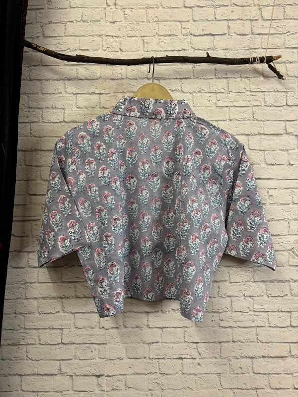 Grey Pink Hand Block Printed Crop Top Shirt Blouse