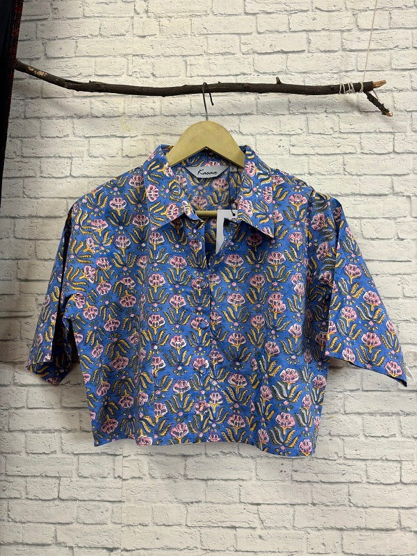 Blue Pink Hand Block Printed Crop Top Shirt Blouse