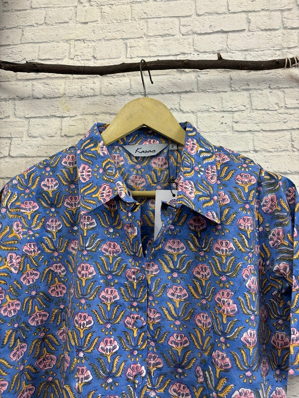 Blue Pink Hand Block Printed Crop Top Shirt Blouse