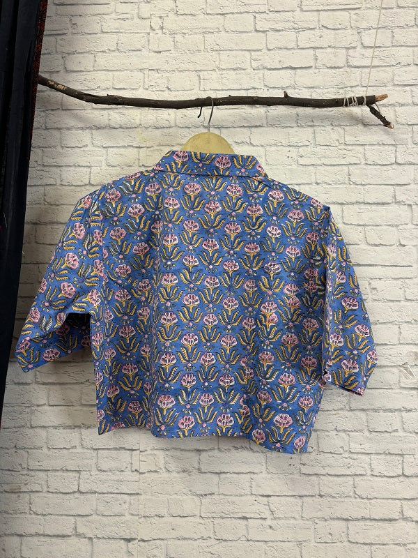 Blue Pink Hand Block Printed Crop Top Shirt Blouse