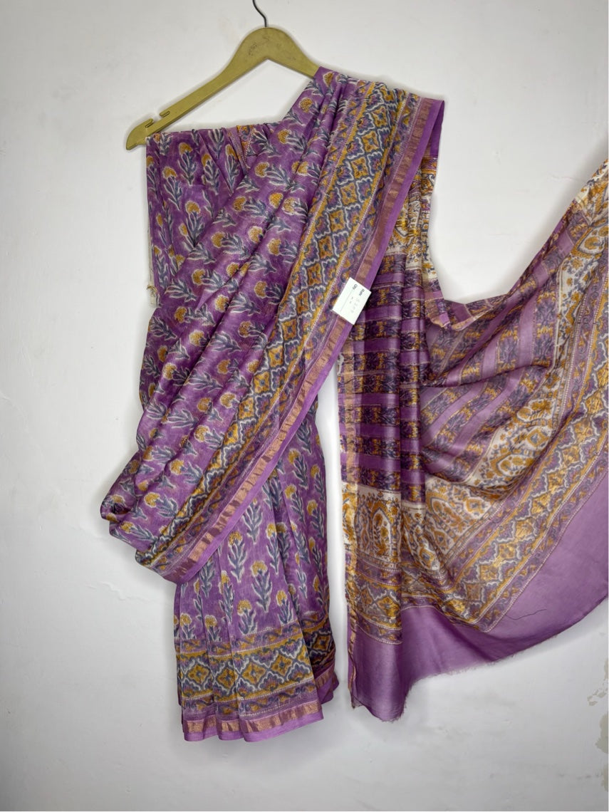 Lavender Yellow Floral Hand Block Printed Chanderi Saree