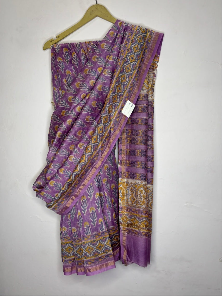 Lavender Yellow Floral Hand Block Printed Chanderi Saree